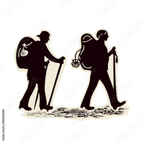 Clipart set pilgrim figures with rucksack, marian shell, staff stick. Church sanctuary for Canterbury pilgrims way or European Camino religious pilgrimage walk. Christian walkers vector icon motif.