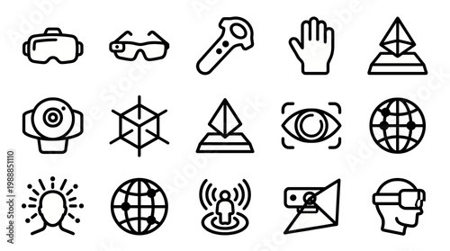 Vector icon set for Virtual Reality (VR), Augmented Reality (AR), and Metaverse platforms. Bold rounded outline style for immersive tech dashboards, gaming software, and futuristic UI/UX. Professional