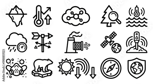 Vector icon set for climate tech, environmental monitoring, and sustainability platforms. Bold rounded outline style for ecological dashboards, carbon tracking software, and conservation UI/UX. 