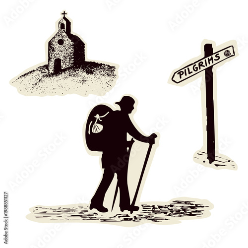 Bold pilgrim figure with backpack, marian shell, staff stick and church signpost. Sanctuary for Canterbury pilgrims way or European Camino religious pilgrimage walk. Christian walkers vector motif.