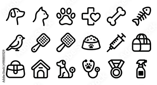 Vector icon set for pet care, veterinary clinics, and animal welfare platforms. Bold rounded outline style for pet health dashboards, grooming service apps, and veterinary UI/UX. Professional domestic