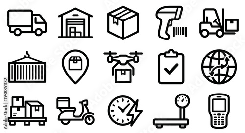 Vector icon set for logistics, supply chain, and e-commerce. Rounded thick line style for transportation dashboards, tracking apps, and inventory management UI/UX. Professional delivery 