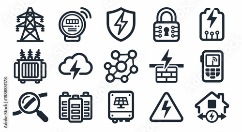 Vector icon set for smart grid security and energy infrastructure. Rounded thick line style for utility dashboards, energy monitoring systems, and industrial automation UI/UX. Professional network 