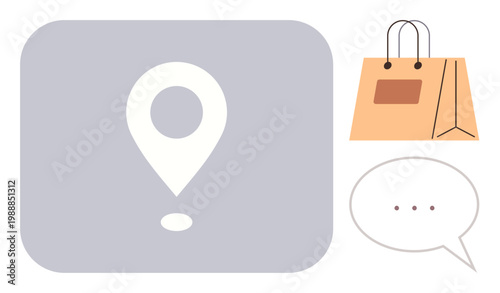 E-commerce, geolocation, online shopping, delivery logistics, business communication, marketing. Geolocation pin, shopping bag and speech bubble. E-commerce and geolocation focus