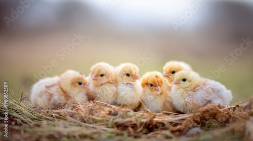 huddled. Seven newly hatched chicks huddled closely together in a nest. wildlife magazines, conservation campaigns, designed for nature documentaries and education, used by nutritionists.
