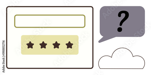 User reviews, star ratings, online feedback, customer satisfaction surveys, question topics, cloud storage. Star rating box with blank input, question mark in speech bubble cloud shape. User reviews