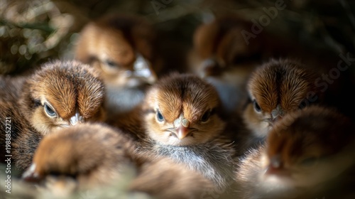 huddled. Seven newly hatched chicks huddled closely together in a nest. wildlife magazines, conservation campaigns, designed for nature documentaries and education, used by nutritionists.
