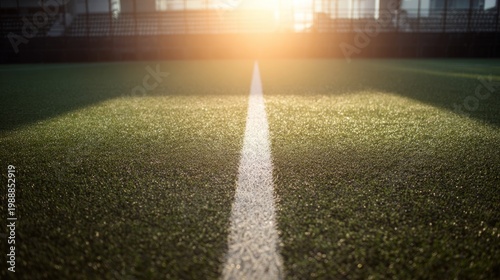 markings. Empty soccer field with precise white markings bathed in golden evening light creating dramatic shadows. event key visuals, club posters, designed for fitness apps and gym onboarding.
