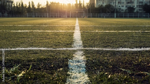 markings. Empty soccer field with precise white markings bathed in golden evening light creating dramatic shadows. event key visuals, club posters, designed for fitness apps and gym onboarding.
