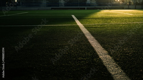 markings. Empty soccer field with precise white markings bathed in golden evening light creating dramatic shadows. event key visuals, club posters, designed for fitness apps and gym onboarding.
