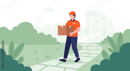 Delivery man carrying package on stone path through green garden, delivering parcel