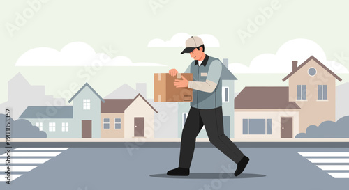 Delivery man carrying package on suburban street with houses and crosswalk