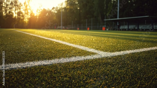 markings. Empty soccer field with precise white markings bathed in golden evening light creating dramatic shadows. event key visuals, club posters, designed for fitness apps and gym onboarding.
