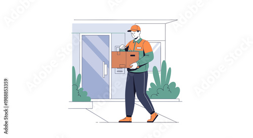 Delivery man carrying package to house entrance, courier service, logistics, e-commerce delivery