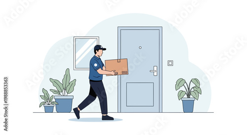 Delivery man carrying package to front door, doorstep delivery service, logistics concept