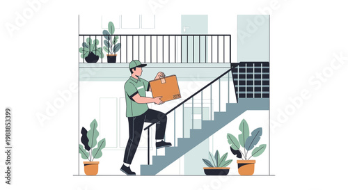 Delivery man climbing stairs with package, urban apartment building, home delivery service