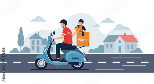 Delivery man on scooter with package, fast delivery service, urban background