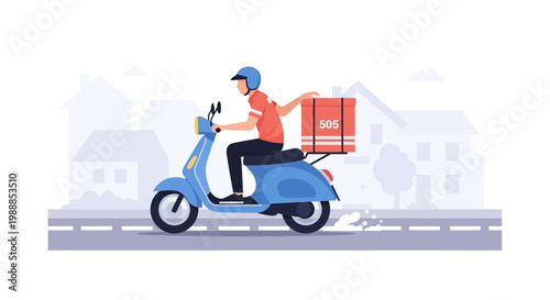 Delivery man on scooter with package, fast shipping, urban transport, express courier service