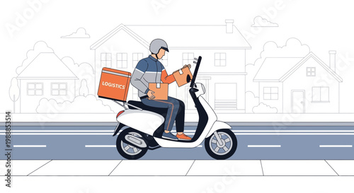 Delivery man on scooter with package, logistics and fast shipping concept