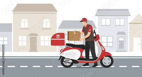 Delivery man on scooter with package, urban street, houses background, fast service concept