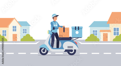 Delivery man on scooter with packages in residential street, fast shipping concept