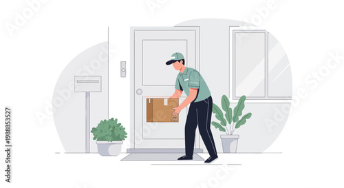 Delivery man placing package at front door, contactless delivery concept