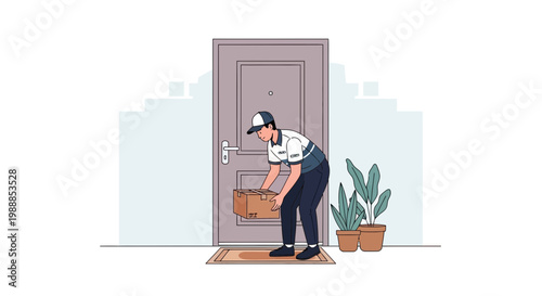 Delivery man placing package at front door, contactless delivery service, e-commerce concept