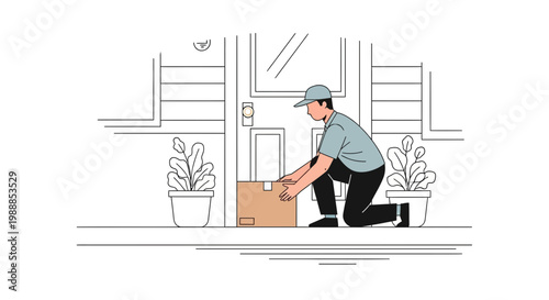 Delivery man placing package at doorstep, contactless delivery, e-commerce concept