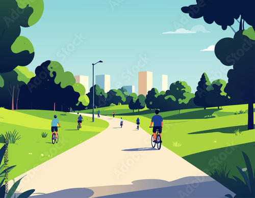  Personas montando bicicletas en un parque urbano con senderos y vegetación.
