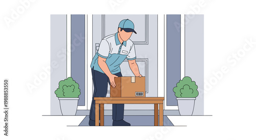 Delivery man placing package on doorstep table, contactless delivery, safe shipping
