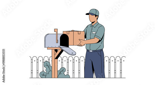 Delivery man placing package in mailbox, postal service, shipping, logistics, home delivery