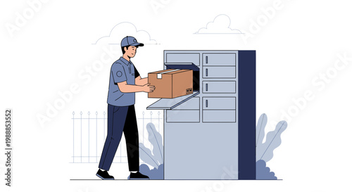 Delivery man placing package into smart parcel locker, logistics and e-commerce concept