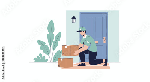 Delivery man placing package at front door, doorstep delivery service, e-commerce parcel