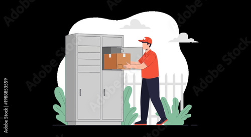 Delivery man placing package into smart locker for convenient parcel pickup and drop-off