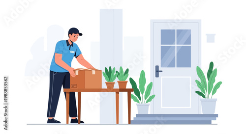 Delivery man placing package on table outside front door, contactless delivery concept