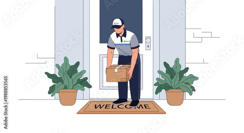 Delivery man placing package on welcome mat at front door