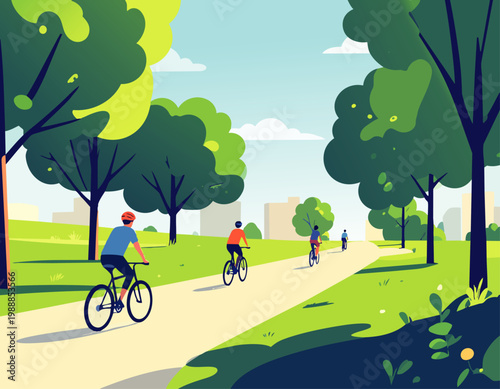  Ciclistas recorriendo un camino en parque rodeado de vegetación.
