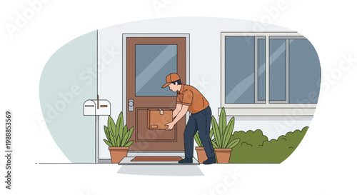 Delivery man placing package on doorstep, contactless delivery, home service