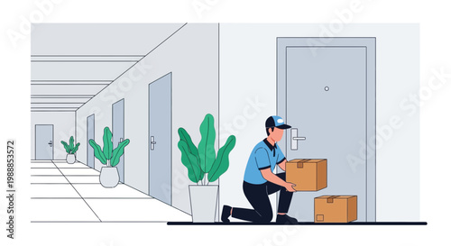 Delivery man placing packages at apartment door, courier service, logistics, doorstep delivery
