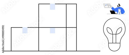 E-commerce, logistics, innovation, customer support, shipping, creativity. Stacked boxes, light bulb and a headset-wearing ative. Logistics and customer support in a minimalist style