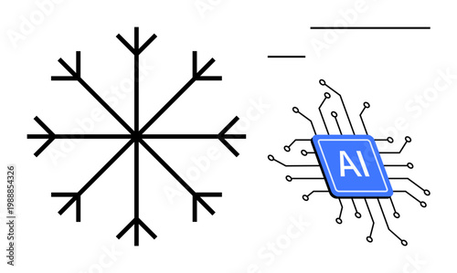 Artificial intelligence, innovation, digital transformation, climate technology, machine learning, data systems. Snowflake and AI chip with circuitry. AI and innovation concept