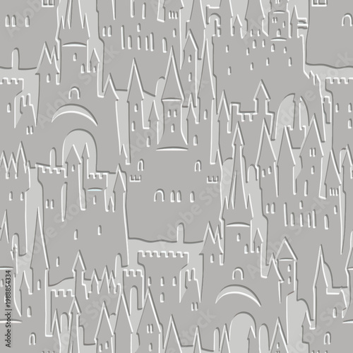 Fairytale 3D embossed seamless pattern with relief medieval castle skyline. Elegant grey monochrome design with textured silhouettes of towers, fortresses, and gothic architecture.