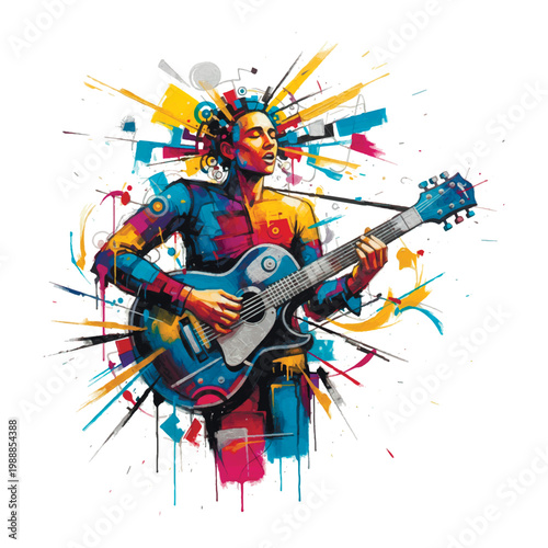 Colorful modern musician playing acoustic guitar, surrounded by vibrant abstract splashes and geometric shapes. Dynamic artistic portrait with expressive energy on a clean white background.