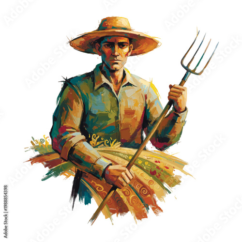 Abstract illustration of a professional farmer in workwear and a hat. Modern watercolor splash style with colorful paint drips and geometric elements, symbolizing agricultural innovation.