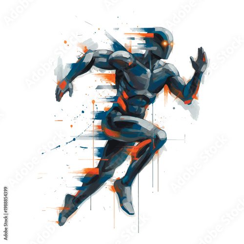 Vibrant abstract illustration of a male runner in mid-stride. Modern watercolor splash style with colorful paint drips and explosive geometric elements, capturing speed, energy, and determination.