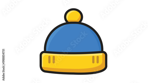 Canvastavla Blue and Yellow Knitted Beanie Hat with Pom-pom, Modern Flat Vector Illustration
