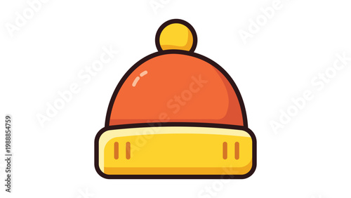 Quadro su tela A modern flat vector illustration of a soft knitted beanie hat with a pom-pom, featuring an editable stroke for adjustable line weight