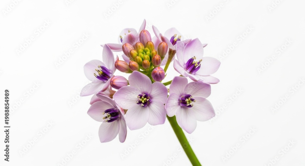 Obraz premium Delicate Pink Star Flowers Cluster on White Background, Macro Detail