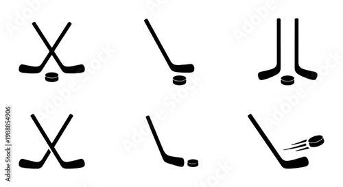 Ice hockey stick icons set, black puck silhouettes, 6 sports equipment vector elements