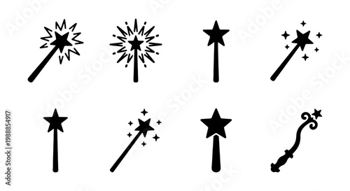 Magic wand icon set, 8 black vector silhouettes, wizard and fairy wand symbols